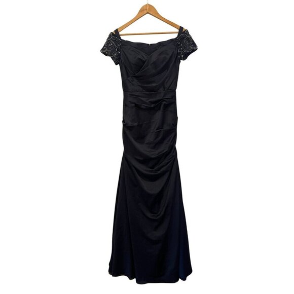 NWT La Femme Off the Shoulder Beaded Satin Trumpet Gown In Navy Size  Women's Si - Picture 6 of 11